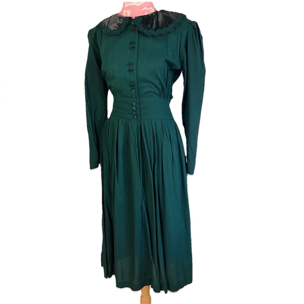 Vintage 90s L.G. Star Green Size 8 Midi Dress Peter Pan Collar Button Up Cottage